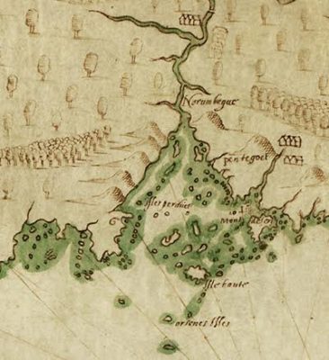 Detail, Descripsion des costs, pts., rades, illes de la Nouuele France faict selon son vray méridien, Samuel de Champlain, 1607, courtesy Library of Congress