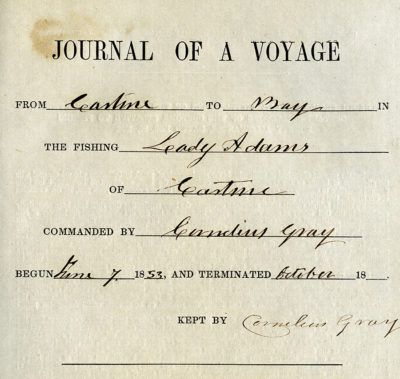 Title page for the logbook of a fishing voyage on the schooner Lady Adams in 1853.