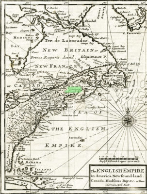 The English Empire in America; Newfound-land. Canada. Hudsons Bay & etc. c 1701 Pentagouet highlighted in green near the center of the map.