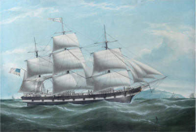 Unknown artist, Ship J.P. Whitney, watercolor, private collection. The J.P. Whitney was one of 18 full-rigged ships built in Castine during the 19 th century for global maritime trade.