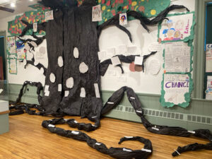 The final class project on display at CHS – a giant elm tree filled with Castine’s African American history.